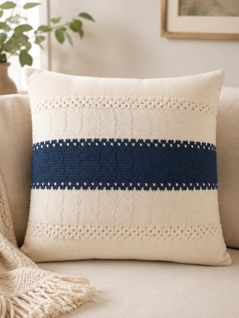 New Cream Blue Striped Cushion Cover 18x18 Textured Lace Trim